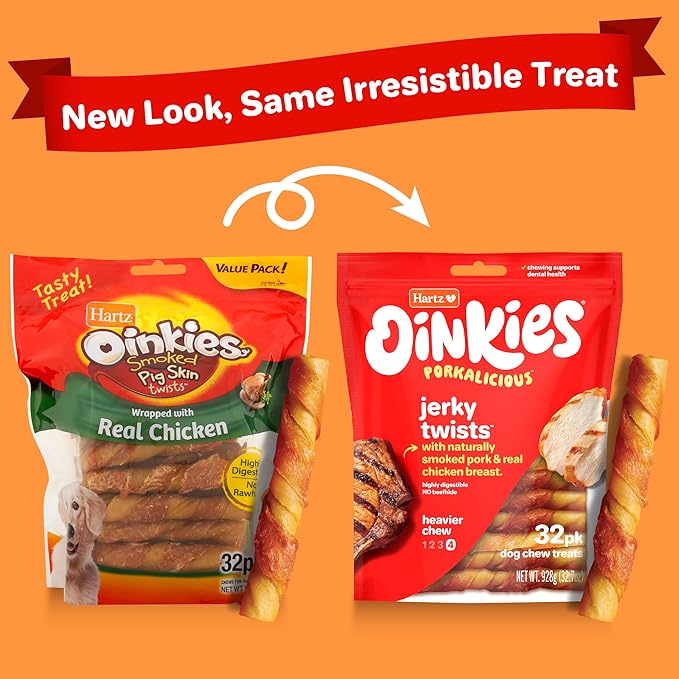 Hartz Oinkies Porkalicious Smoked Pig Skin Jerky Twists Dog Treats, 32pk