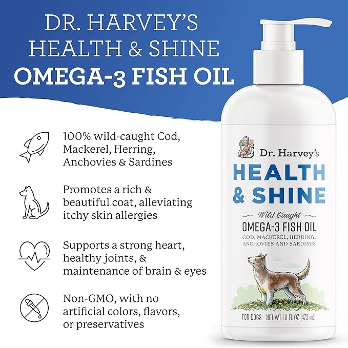 Dr. Harvey’s Health & Shine Omega 3 Fish Oil for Dogs from Wild Caught Cod, Mackerel, Herring, Anchovies and Sardines - Supports Beautiful Fur, Strong Joints and Itchy Allergy Relief (16 FL OZ)