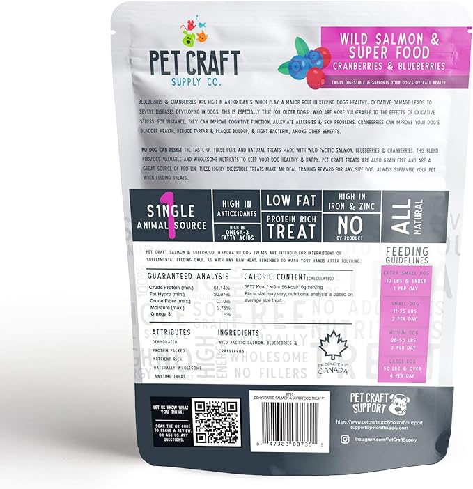 Pet Craft Supply Wild Caught Pure Dehydrated Pacific Salmon Blueberry Cranberry Superfood Healthy High in Antioxidants Vitamins Fish Oil for Small Medium Large Dog Puppy Training Treats