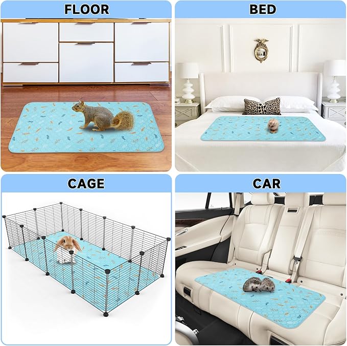2 Pack Washable Guinea Pig Pee Pads, Waterproof Reusable Guinea Pig Cage Liners, Absorbent Bedding Training Mat for Small Animal Guinea Pigs Rabbit Bunny Hamster (Leaves - Sky Blue, 24x48)