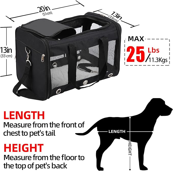 Soft Sided Cat/Dog Carrier,Collapsible Pets Travel Carriers for Pet/Puppy with Shoulder Strap & Removable Mat,Mesh Top Load Small Dogs/Cats Carry Bag Up to 25 Lbs(Black,L)