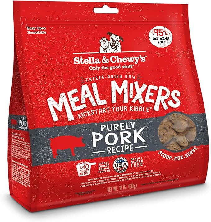 Stella & Chewy's Freeze Dried Raw Purely Pork Meal Mixer – Dog Food Topper for Small & Large Breeds – Grain Free, Protein Rich Recipe – 18 oz Bag