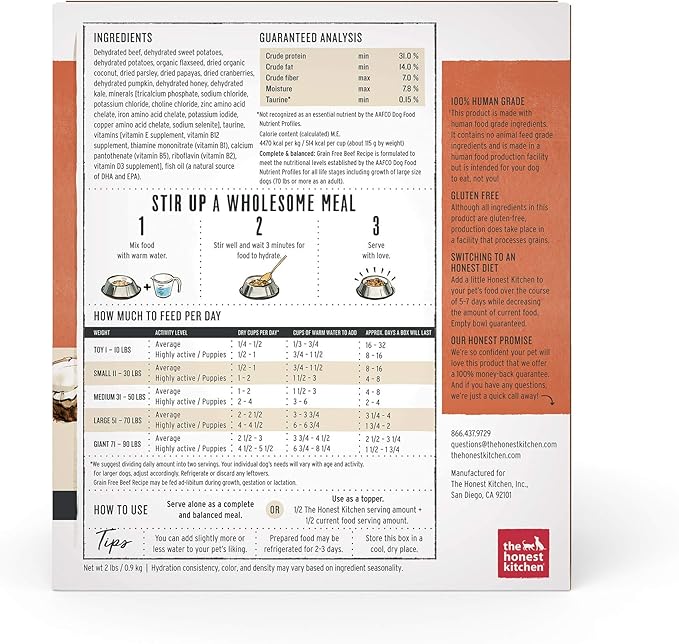 The Honest Kitchen Human Grade Dehydrated Grain Free Dog Food – Complete Meal or Dog Food Topper – Beef 2 lb (makes 8 lbs)
