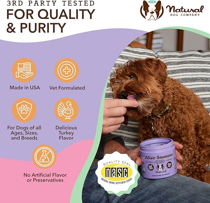 Natural Dog Company Aller-Immune Chews (90 Pieces), Turkey Flavor, with Canine-Specific Probiotics, Allergy Immune Supplement for Dogs of All Ages, Sizes & Breeds, Boosts Immune System, Antioxidant