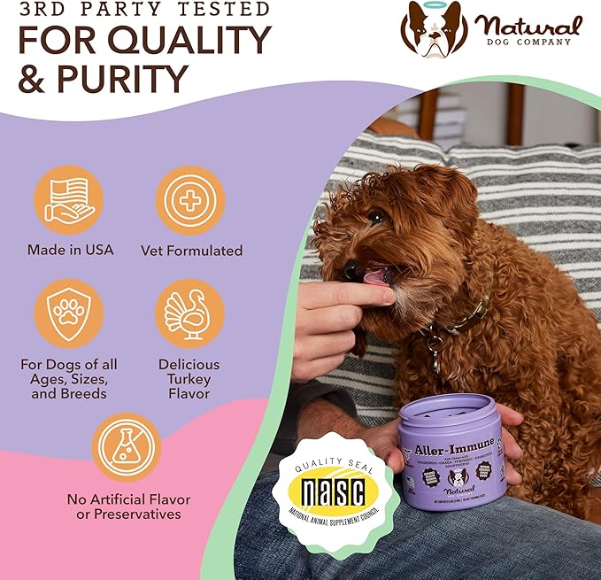 Natural Dog Company Aller-Immune Chews (90 Pieces), Turkey Flavor, with Canine-Specific Probiotics, Allergy Immune Supplement for Dogs of All Ages, Sizes & Breeds, Boosts Immune System, Antioxidant