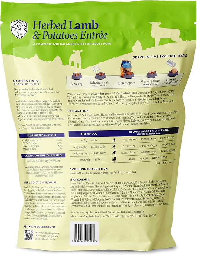Addiction Herbed Lamb & Potatoes Raw Alternative Dog Food - Gently Air-Dried Complete Meal or Dog Food Topper for Digestive and Skin and Coat Health, 2 lb