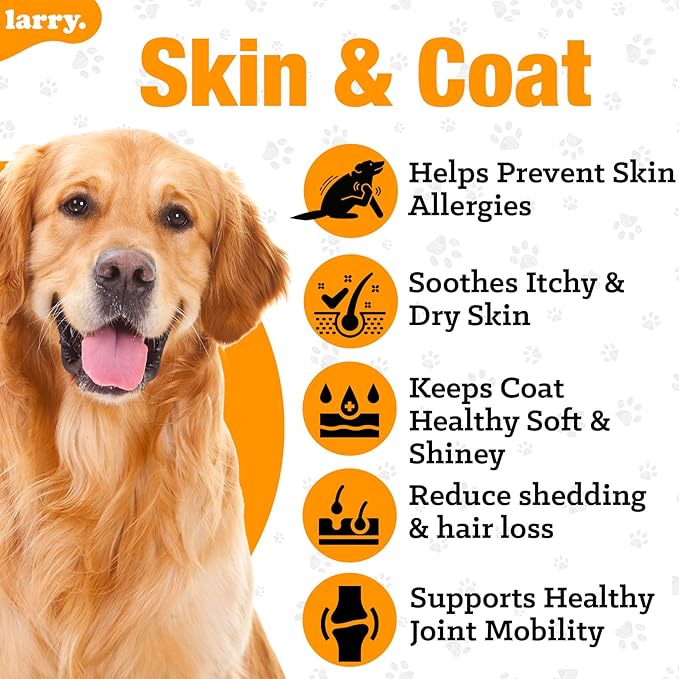 Salmon Oil for Dogs Skin and Coat by Larry | Dog Supplements for Itchy Skin & Allergy Relief | Omega 3, 4, DHA, & EPA for Skin, Coat, Bone, & Joint Health | for All Breeds & Sizes, (120 Soft Chews)
