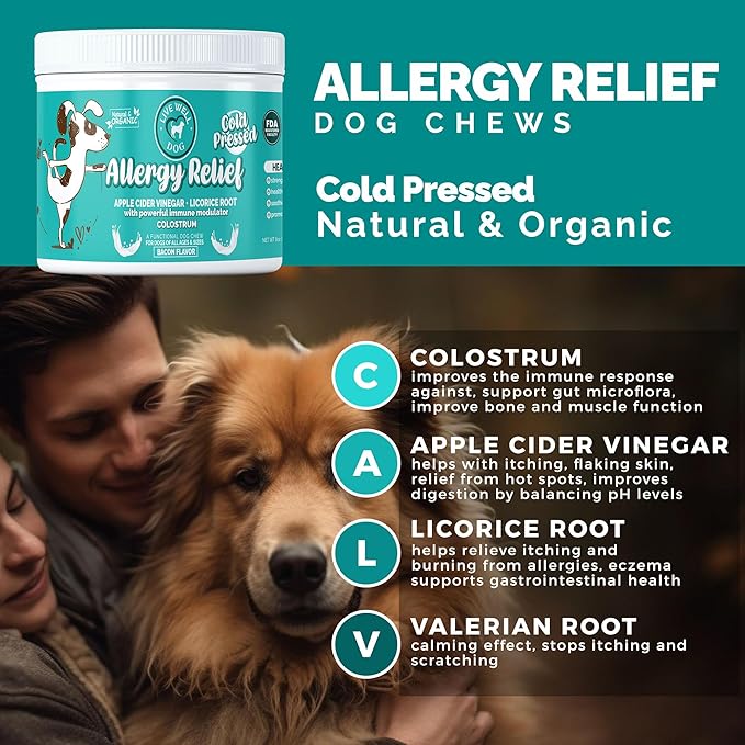 Allergy Relief Soft Chews for Dogs - Anti Itch Supplement - Apple Cider Vinegar, Licorice Root, Valerian Root, and Colostrum - Soft Chews for Skin & Seasonal Allergies - 120 Count