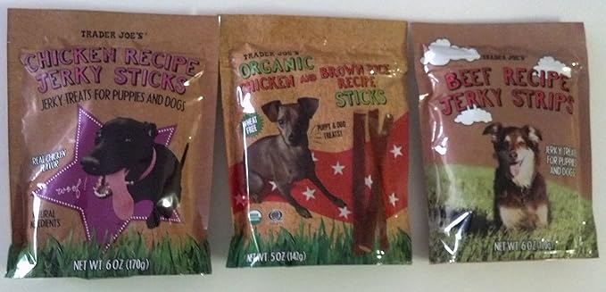 Trader Joe's Dog Treats - 3 Packages - (1 Chicken Jerky Strips, 1 Chicken and Brown Rice Sticks, 1 Beef Jerky Strips)