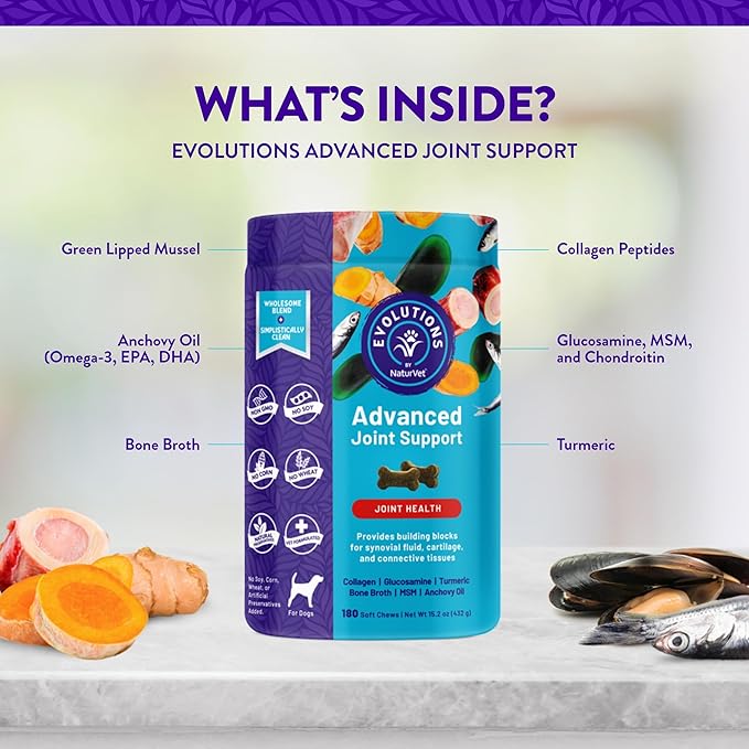 Evolutions by NaturVet Advanced Joint Support 180ct Soft Chews for Dogs - Anchovy Oil, Bone Broth, Collagen, Glucosamine, Turmeric, MSM - Helps Support Synovial Fluid, Cartilage, Connective Tissues