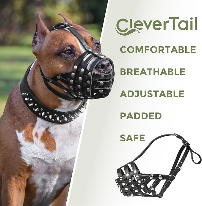 Soft Leather Dog Muzzle for Pitbulls – Dog Muzzle for Large Dogs Pitbull – Large Breathable Pitbull Muzzle Anti Bite – Adjustable Basket Muzzle for Pitbull, Amstaff, Labrador etc. (L Size)