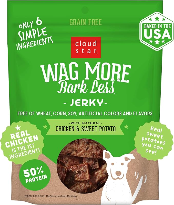 Cloud Star Wag More Bark Less Chicken & Sweet Potato Recipe Grain-Free Jerky Dog Treats 10 Ounce Bag, Model: 693804191113
