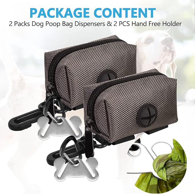 2Packs Dog Poop Bag Holder for Leash Attachment Dog Poop Bag Dispenser Dog Waste Bag Dispensers for Leash Accessory Dog Poop Bag Holders Fits Dog Leash Include Hand Free Holder Metal Carriers, Grey