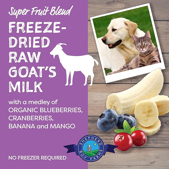 Freeze Dried Raw Goats Milk with Probiotics for Dogs & Cats (Super Fruits), Organic USA Fruits, Digestible Goat Milk Powder, Raw Nutrition, High Protein Food Toppers