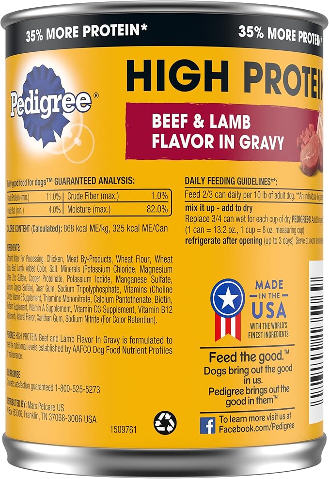 PEDIGREE High Protein Adult Canned Wet Dog Food, Beef & Lamb Flavor in Gravy, (12) 13.2 oz. Cans