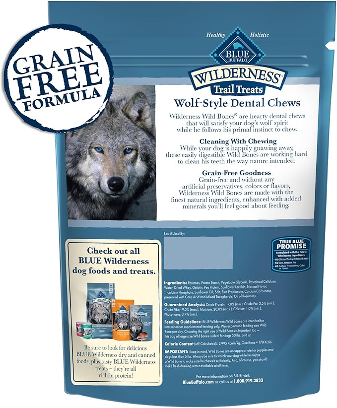 Blue Buffalo Wilderness Wild Bones Grain-Free Dental Chews Dog Treats, Medium, 10-oz Bag