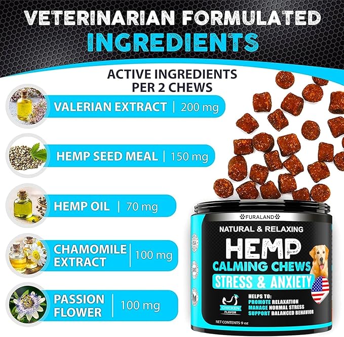 FURALAND Hemp Calming Chews for Dogs - Dog Calming Chews - Anxiety Relief Treats - Dog Calming Treats - Hemp Oil - Sleep Calming Aid - Advanced Calming Health Joint Support Supplement - Made in USA