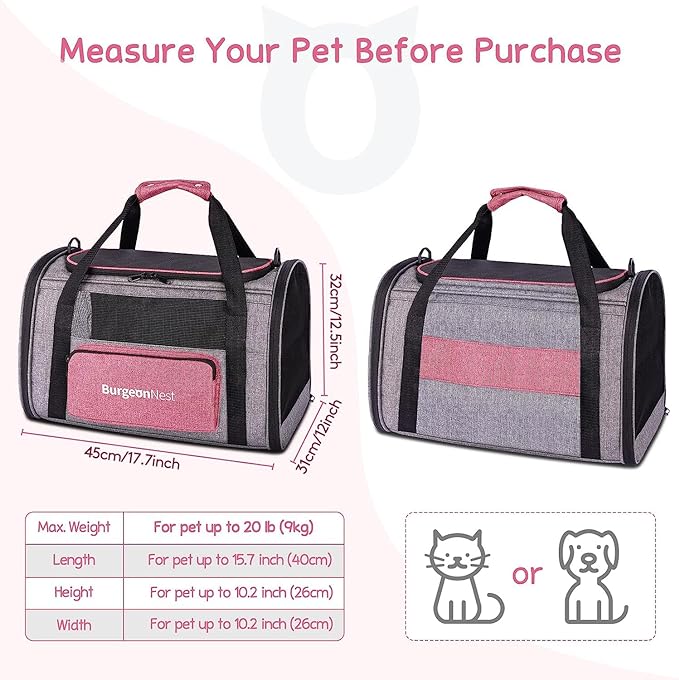 BurgeonNest Cat Carriers for Medium Cats Under 25 lbs, Pet Carrier for Cats with Unique Side Bag,Top Load Small Pet Carrier Soft-Sided Escape Proof with 4 Ventilated Windows