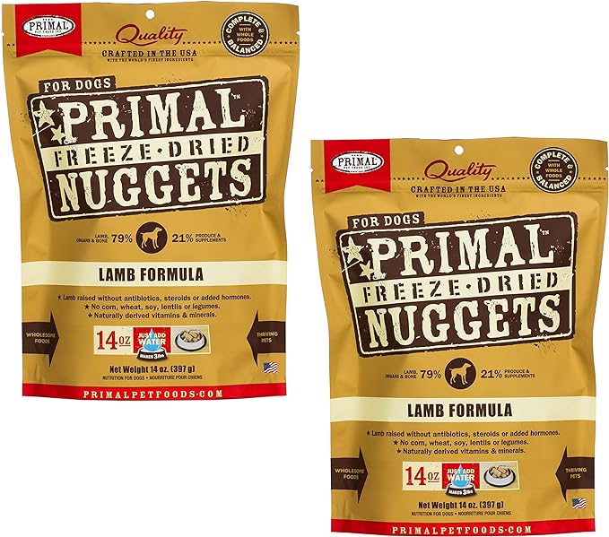 Primal Freeze Dried Dog Food Nuggets, Lamb; Complete & Balanced Meal; Also Use as Topper or Treat; Premium, Healthy, Grain Free, High Protein Raw Dog Food, 14 oz (Pack of 2)