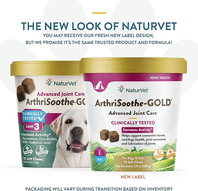 NaturVet ArthriSoothe-Gold Level 3 Advanced Joint Care for Dogs – Soft Chew Dog Supplement with Glucosamine, MSM, Chondroitin & Hyaluronic Acid – Wheat-Free Pet Supplements – 70 Ct.