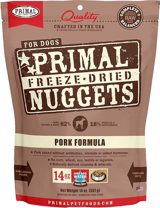 Primal Freeze Dried Dog Food Nuggets, Pork; Complete & Balanced Meal; Also Use as Topper or Treat; Premium, Healthy, Grain Free, High Protein Raw Dog Food, 14 oz