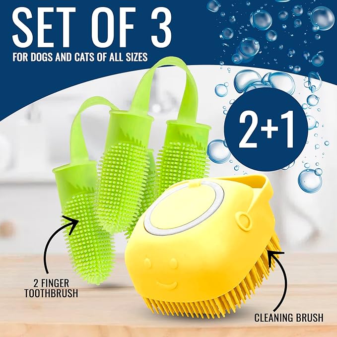 Dog Finger Toothbrush, Dog Shampoo Brush, Dog Accessories: 3 in 1 Dog Bath Brush and 2 Finger Tooth Brush Kit, Essential Puppy Products for Teeth Cleaning, Bathing, and Grooming (Yellow).