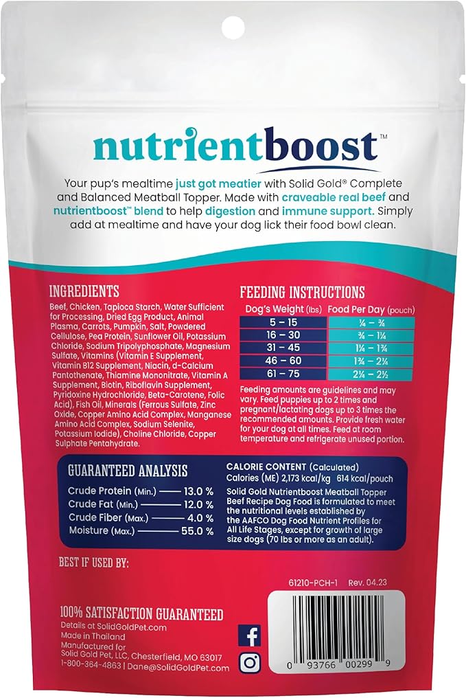 Solid Gold Food Toppers for Picky Dogs - Real Beef Meatball Topper - 3 Pack Healthy Dog Treats - High Protein Soft Dog Treats to Serve w/Dry Dog Food or Wet Dog Food or as Dog Snacks