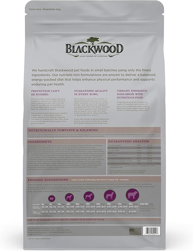 Blackwood Special Diet All Life Stages Dry Dog Food, 15Lb., Salmon Meal & Brown Rice Recipe, Sensitive Skin and Stomach, Grain Free Dog Food