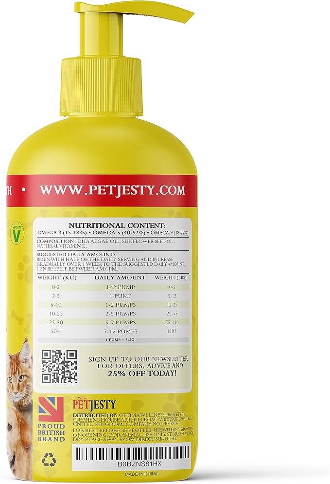 PetJesty Pure Omega 3 Oil for Dogs & Cats 26.39oz - Omega 3 Skin & Coat Support- Liquid Food Supplement for Pets - Vegan pet + DHA for Joint Function, Immune & Heart Health, Non Fish Oil Dog and Cat