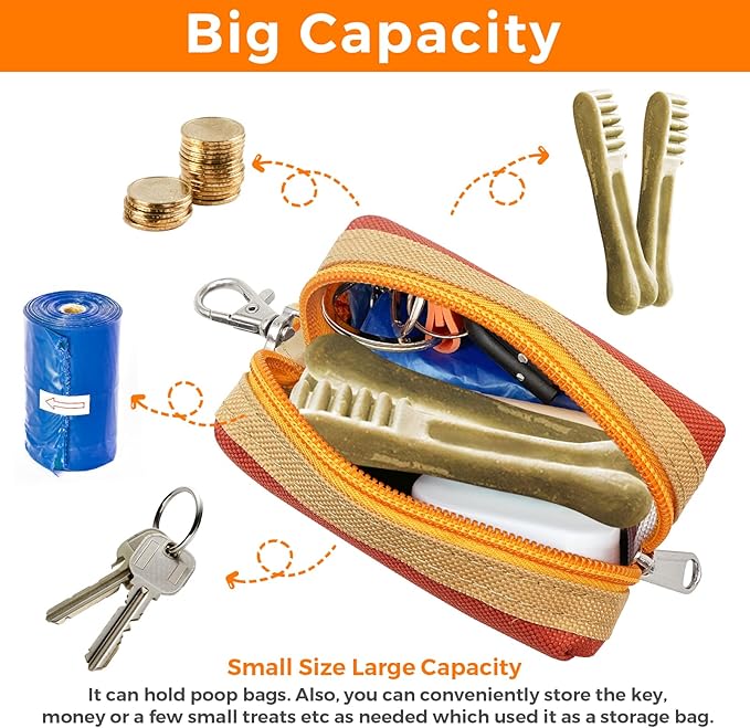 Dog Poop Bag Holder Zippered Pouch, Portable Dog Poop Bag Dispenser with 1 Metal Clip, Fashion Color Matching Canvas Waste Bag Holder for Leashes - Brown