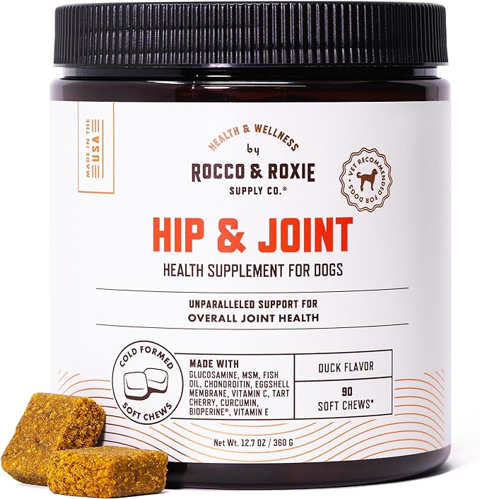 Rocco & Roxie Glucosamine Hip and Joint Supplement for Dogs, Dog Supplements & Vitamins to Support Mobility, Omega 3 and Chondroitin Plus MSM, Dog Health Supplies Large & Small Breed - 90 Soft Chews