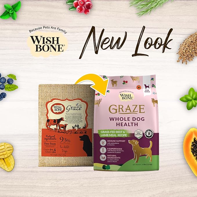 Wishbone Graze New Zealand Beef and Lamb Dry Dog Food, Gluten-Free, Grain-Free Formula for Overall Pet Health - 4 lb