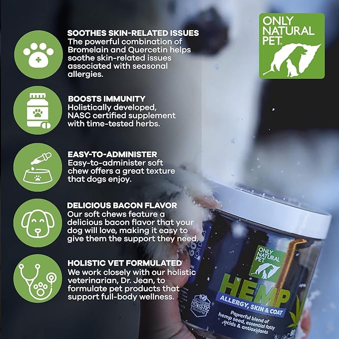 Only Natural Pet Allergy, Skin & Coat Hemp Soft Chews - Allergy Immune Bites for Dogs, Omega 3 Supplement, Hemp Oil - Calming Treats for Itchy Skin Relief, Hot Spot - (120 Count)