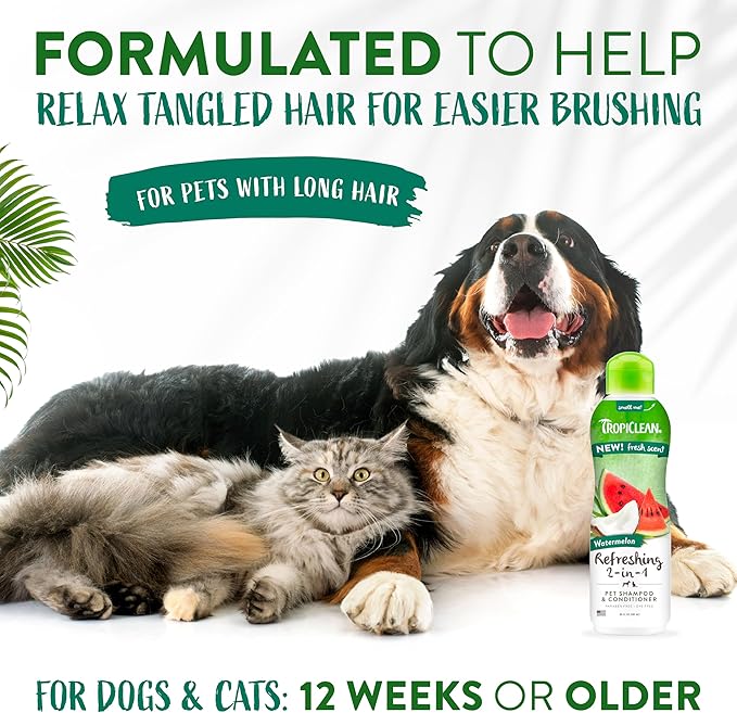 TropiClean Watermelon Refreshing 2-in-1 Cat & Dog Shampoo and Conditioner | Cat & Dog Bath Supplies | 20 oz | Made in The USA