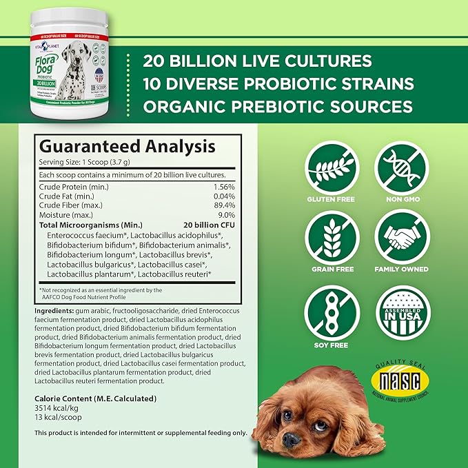 Vital Planet - Flora Dog Probiotic Powder Supplement with 20 Billion Cultures and 10 Strains, High Potency Immune and Digestive Support Probiotics for Dogs, 7.84 oz., 222 grams, 60 Servings