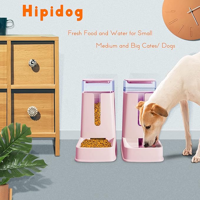 Automatic Cat Feeder and Dog Water Dispenser Set, 1 Gallon Capacity, Plastic, Pink, Suitable for Small to Big Pets