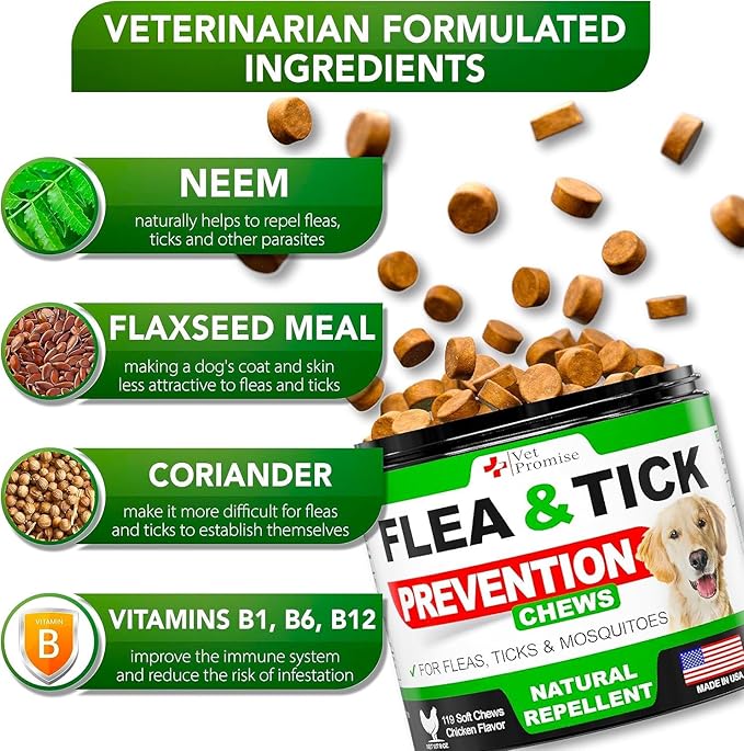 Flea and Tick Prevention for Dogs Chewables - All Natural Flea & Tick Control Chews - Oral Pills for Dogs Supplement - All Breeds and Ages - Made in USA - 120 Tablets