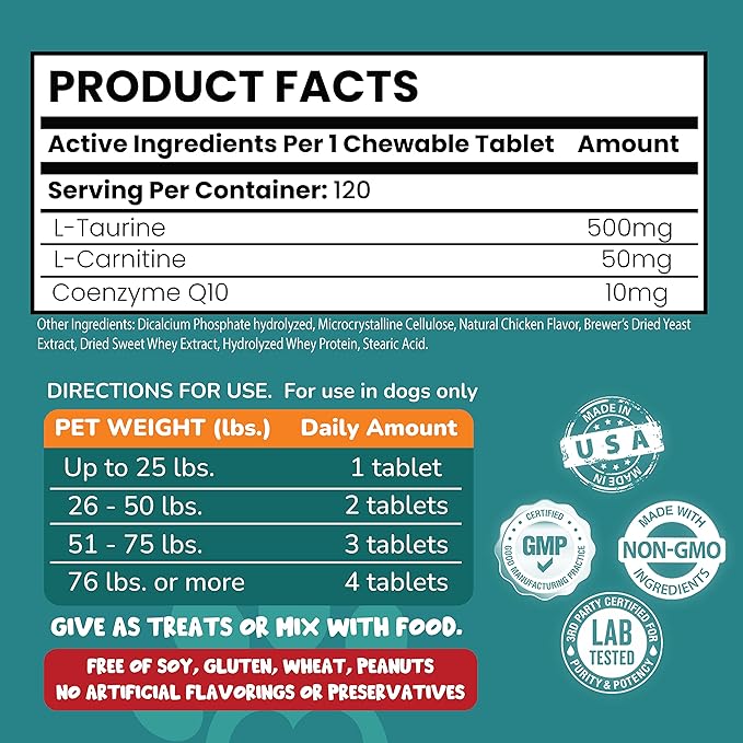 Taurine Supplement for Dogs with L-Carnitine and Coenzyme Q10 (CoQ10): Vet Endorsed for Enlarged Heart (DCM), Congestive Heart Failure, Taurine Deficiency: 3-in-1 Multivitamin Dog Supplements- 120ct