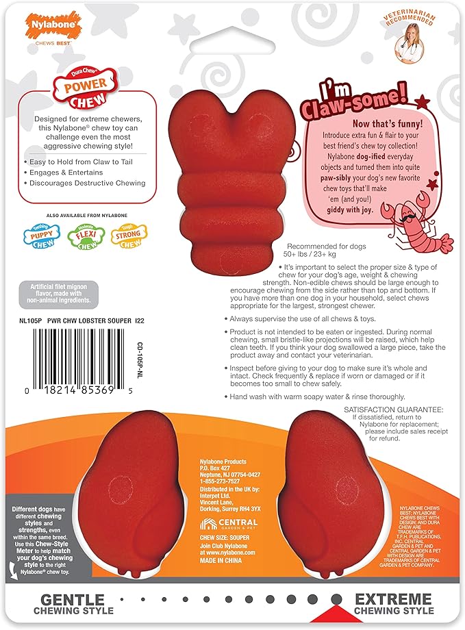 Nylabone Lobster Dog Toy Power Chew – Cute Dog Toys for Aggressive Chewers – with a Funny Twist! Filet Mignon Flavor, X-Large/Souper