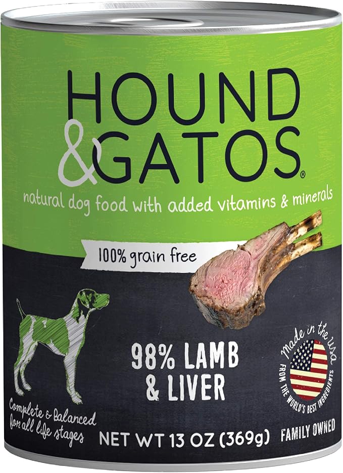 Hound & Gatos Wet Dog Food, 98% Lamb & Liver, case of 12, 13 oz cans