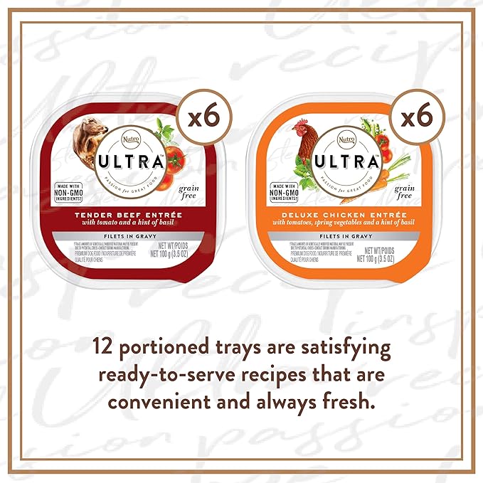 NUTRO ULTRA Grain Free Adult Soft Wet Dog Food Filets in Gravy Bistro Mix Variety Pack, 3.5 oz. Trays, Pack of 12