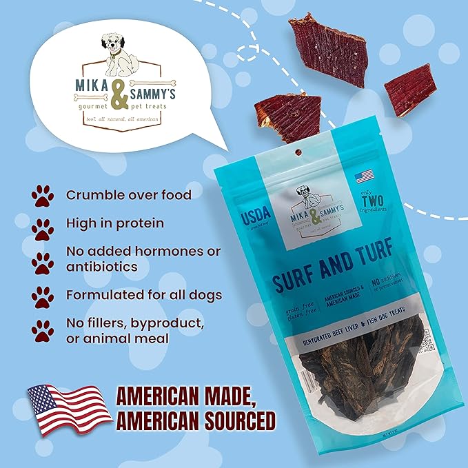 Mika & Sammy's Gourmet Beef Liver & Mackeral Jerky Dog Treats Made in The USA. (Surf & Turf 5 oz)
