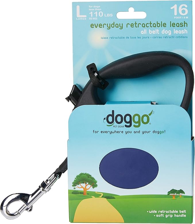 doggo Everyday Retractable Dog Leash, 16' Long Belt, Large for Dogs Up to 110 lbs, Blue with Black Soft Grip Handle