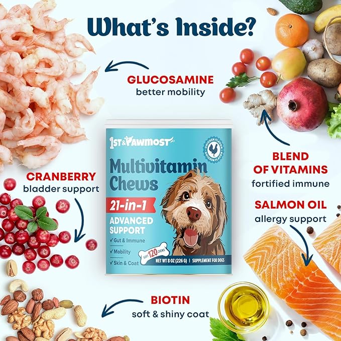Multivitamin Chews 21-in-1 Dog Vitamins and Supplements for Senior Dogs and Puppies - Multivitamin for Dogs for Skin, Coat, Heart, Immune Support - Dog Multivitamins Chewable for Joint Support -120pcs