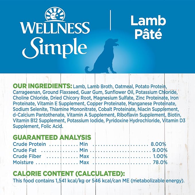 Wellness Simple Natural Wet Canned Limited Ingredient Dog Food, Lamb & Potato, 12.5-Ounce Can (Pack of 12)
