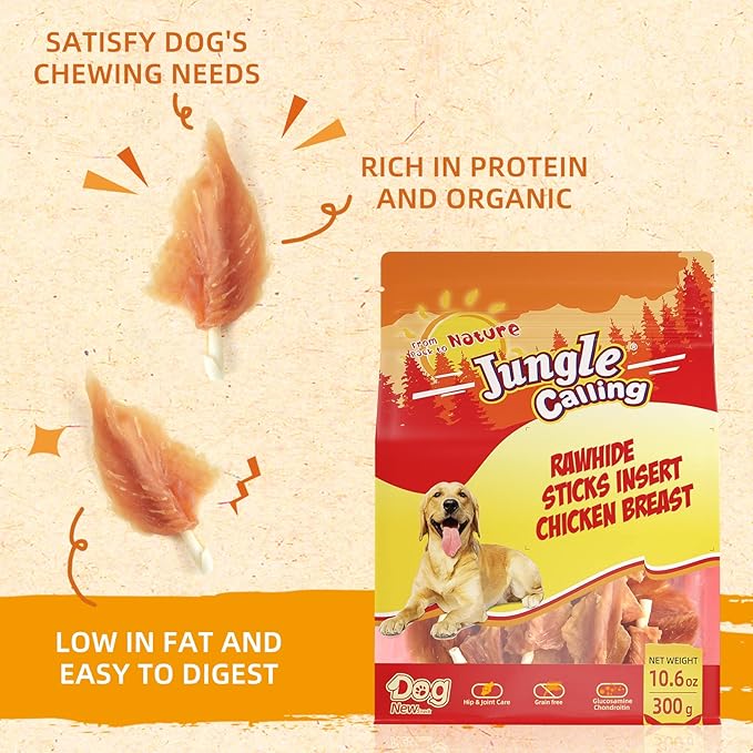 Jungle Calling Dog Treats,Chicken Jerky Wrapped Rawhide Chew Sticks-Long Lasting Chewing Food for all dogs,Hip Joint Health Rich in Glucosamine & Chondroitin,10.6 oz