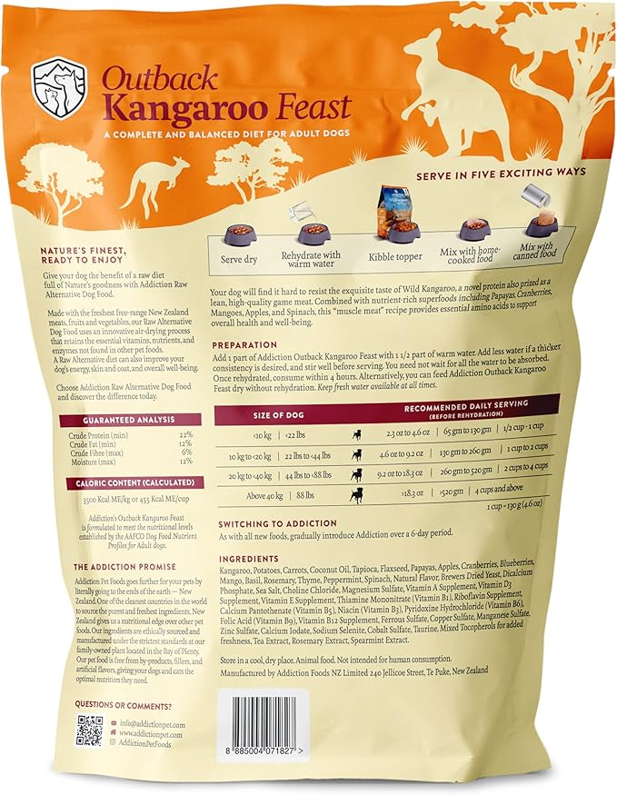 Addiction Outback Kangaroo Feast Raw Alternative Dog Food - Gently Air-Dried Complete Meal or Dog Food Topper for Digestive and Skin and Coat Health, 2 lb