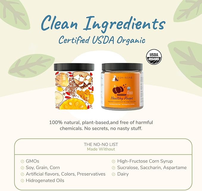kin+kind Organic Fiber for Dogs&Cats - Pumpkin Boost for Healthy Poops - Stomach and Bowel Support - Digestive Health - Flax Seed, Ginger, Turmeric and Coconut - Made in USA (Triple Large 8oz)