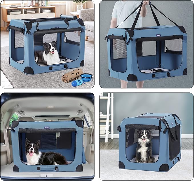 Portable Dog Crate, Collapsible Dog Travel Crate 32x23x23 with Soft Blanket Foldable Bowl and a Poop Bag with Dispenser for Medium & Large Dogs