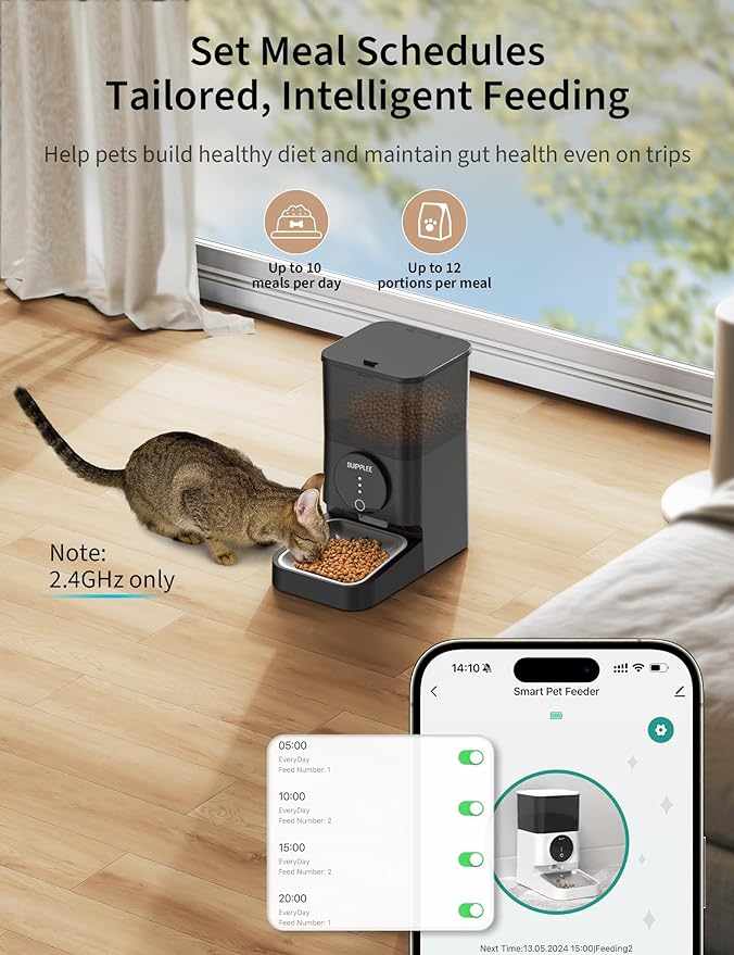 Automatic Dog Feeder, 4L Large Capacity Dry Food Pet Feeder 1-10 Meals Timed Dog Food Feeder Cat Food Dispenser, Stainless Steel Food Bowl/Dual Power/Anti-Blockage Auto Feeder Indoor Outdoor (Black)